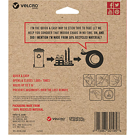 Velcro Eco Collection Adhesive Backed Tape - 10 ft Length x 0.88