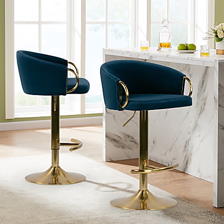 Glamour Home Balder Velvet Barstool With Back, Blue/Gold