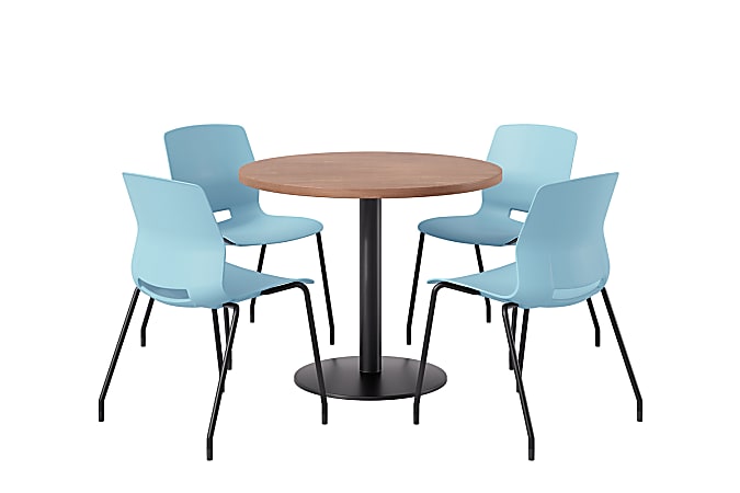 KFI Studios Midtown Pedestal Round Standard Height Table Set With Imme Armless Chairs, 31-3/4”H x 22”W x 19-3/4”D, River Cherry Top/Black Base/Sky Blue Chairs