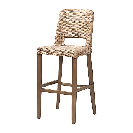 bali & pari Magy Rattan And Mahogany Wood Bar Stool, Kubu Gray/Rustic Taupe