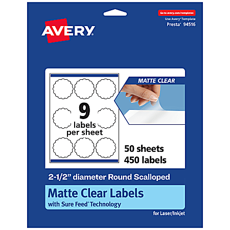 Avery® Permanent Labels With Sure Feed®, 94516-CMF50, Round Scalloped, 2-1/2", Matte Clear, Pack Of 450