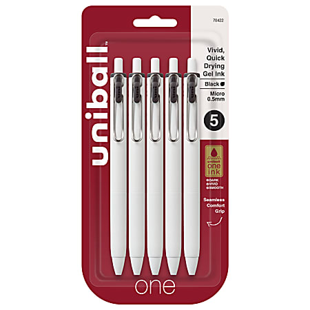 Uni-Ball® One Retractable Gel Pens, Micro Point, 0.5 mm, White Barrel, Black Ink, Pack Of 5 Pens