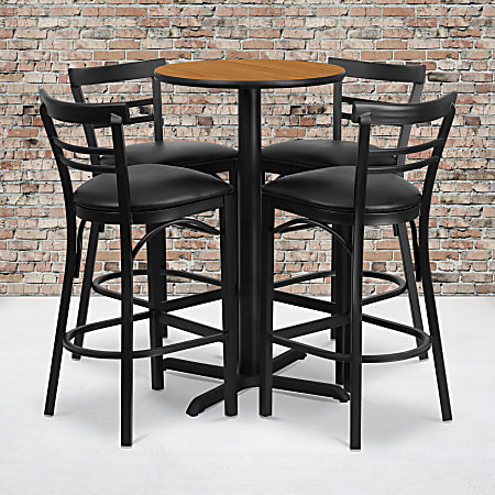 Flash Furniture Round Laminate Table Set With X-Base And Four 2-Slat Ladder-Back Metal Barstools, 42"H x 24"W x 24"D, Natural/Black