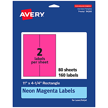Avery® Printable Labels, 94266-NMP80, Rectangle, 11" x 4-1/4", Matte Neon Magenta, Pack of 160