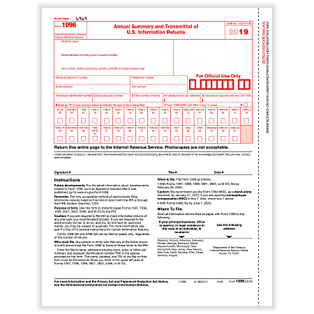 ComplyRight™ 1096 Transmittal Tax Forms, 8-1/2" x 11", Pack Of 50 Forms