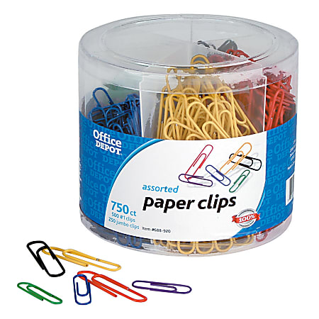 Office Depot® Brand Paper Clip Value Pack, Assorted Sizes, Assorted Colors, Pack Of 750