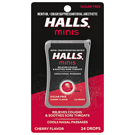 HALLS Mini Sugar Free Cherry Throat Drops, Soothing Menthol, Sugar Free, 24 Drops, 1 Pack
