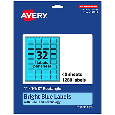 Avery® Print-To-The-Edge Labels With Sure Feed® Technology And Easy Peel®, 94219-BBP40, Rectangle, 1" x 1-1/2", Matte Bright Blue, Pack of 1280