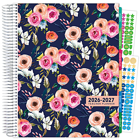 2026-2027 Excello Brands Weekly/Monthly Academic Year Deluxe Teacher Planner, 8-1/2" x 11", Small Navy Floral, August To July, Total Qty 1