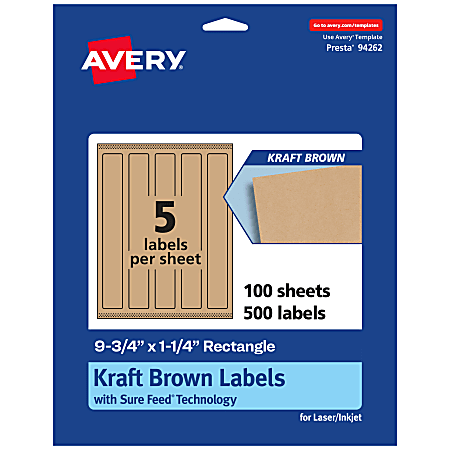 Avery® Kraft Permanent Labels With Sure Feed®, 94262-KMP100, Rectangle, 9-3/4" x 1-1/4", Brown, Pack Of 500