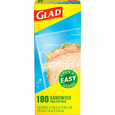 Glad Fold Top Sandwich Bags, 6-1/2 x 5-1/2, Clear, 180/Box