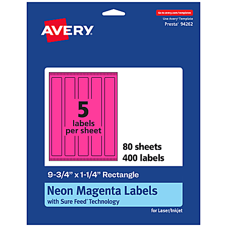 Avery® Print-To-The-Edge Labels With Sure Feed® Technology, 94262-NMP80, Rectangle, 9-3/4" x 1-1/4", Matte Neon Magenta, Pack of 400