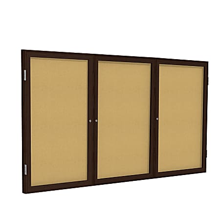 Ghent 3 Door Enclosed Natural Cork Bulletin Board, Walnut Wood Frame, 48"H x 72"W