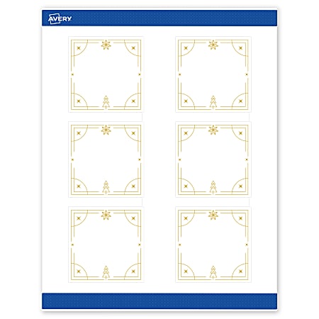 Avery&reg; Printable Christmas Labels With Sure Feed&reg; Technology, 94101, Square, 3" x 3", Matte White/Gold Christmas Trees Design, 60-PK