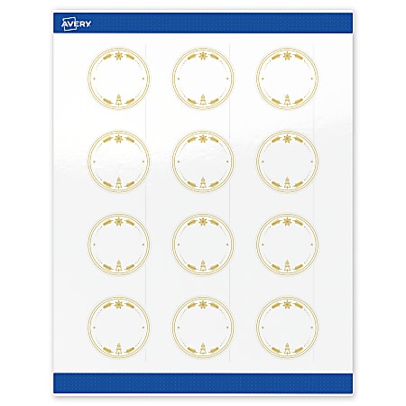 Avery&reg; Printable Christmas Labels with Sure Feed&reg; Technology, 94501, Round, 2", Glossy White With Metallic Gold Christmas Trees Design, Pack Of 120
