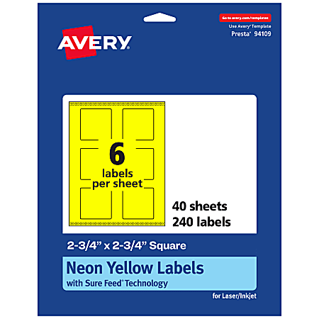 Avery® Print-To-The-Edge Labels With Sure Feed® Technology And Easy Peel®, 94109-NYP40, Square, 2-3/4" x 2-3/4", Matte Neon Yellow, Pack of 240