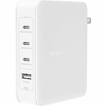 Belkin 140W Portable 4-Port GaN Wall Charger - 3xUSB-C, 1xUSB-A (140W Total) - Fast Charging - Power Adapter - White - 140 W - White