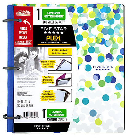 Five Star® Flex® Hybrid NoteBinder, 1" Rings, Assorted Designs