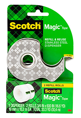 Scotch® Magic™ Stainless Steel Refillable Dispenser, .75 x 600 in, 2 Invisible Tape Rolls, Back to School Supplies and College for Students