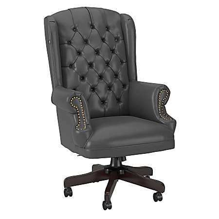 Bush® Business Furniture Yorkshire Wingback Ergonomic Ergonomic Leather Executive Office Chair With Nail Head Trim, Dark Gray, Standard Delivery