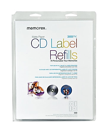 Memorex® Inkjet/Laser CD/DVD Ultra-White Matte Labels, 32020403, 4 5/8" Diameter, Pack Of 300