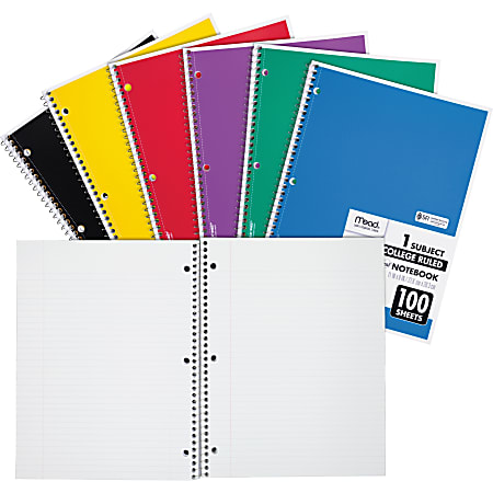 Mead® 3-Hole Spiral Notebook, Letter-Size, 1 Subject, College Rule, Assorted