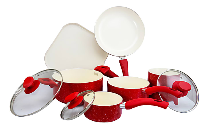 9 PC Enameled Cast Iron Cookware Set - Red