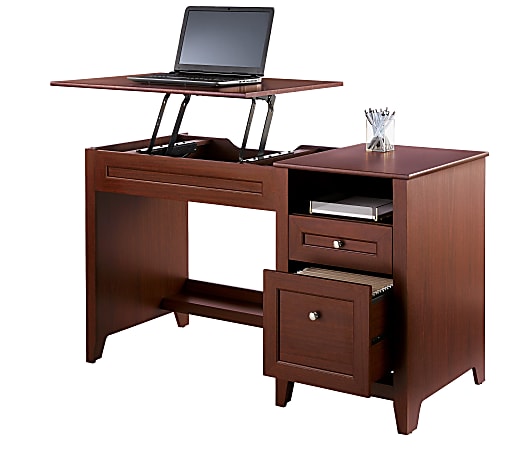 Realspace® Premium Height-Adjustable 50"W Lift Top Desk, Brick Cherry