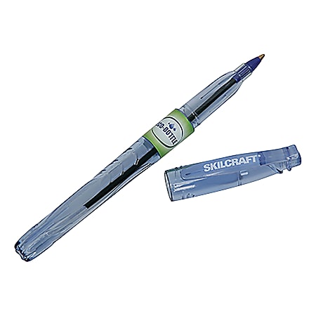 SKILCRAFT® Ballpoint Stick Pens, Pack Of 12, Fine, Medium Point, Transparent Blue Barrel, Blue Ink