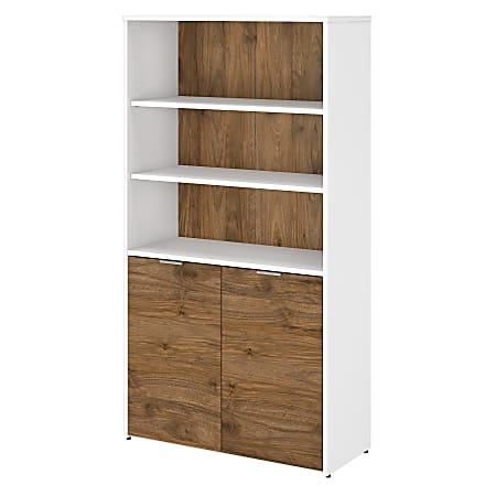 Bush Business Furniture Jamestown 67"H 5-Shelf Bookcase With Doors, Fresh Walnut/White, Standard Delivery