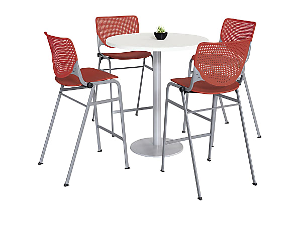 KFI Studios KOOL Round Pedestal Table With 4 Stacking Chairs, White/Coral Orange