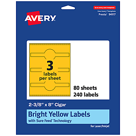 Avery® Printable Labels With Sure Feed® Technology, 94117-BYP80, Cigar, 2-3/8" x 8", Matte Bright Yellow, Pack of 240