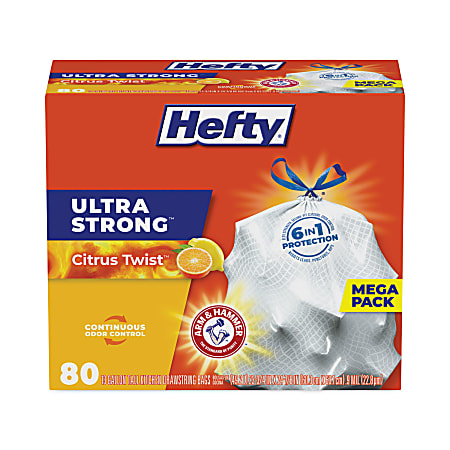 Hefty® Ultra Strong Scented Tall Kitchen Bags, Drawstring, 13 gal, Citrus Twist, 23.75" x 24.88", White, 80 Bags/Box, 3 Boxes/Carton