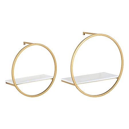 Kate and Laurel Wicks Wall Shelves, 13-3/4”H x 13-3/4”W x 6-1/2”D, White/Gold, Set Of 2 Shelves