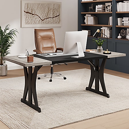 Bestier 71"W Computer Desk With X-Shaped Metal Legs, Wash Gray