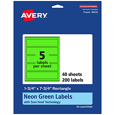 Avery® Print-To-The-Edge Labels With Sure Feed® Technology, 94232-NGP40, Rectangle, 1-3/4" x 7-3/4", Matte Neon Green, Pack of 200