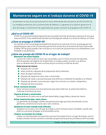 ComplyRight™ Coronavirus (COVID-19) Handouts, Prevention and Stress Management, Spanish, 8-1/2" x 11", Pack Of 25 Handouts