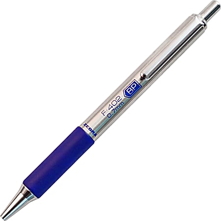 Zebra® F402 Retractable Ballpoint Pen, Fine Point, 0.7 mm, Stainless Steel Barrel, Blue Ink