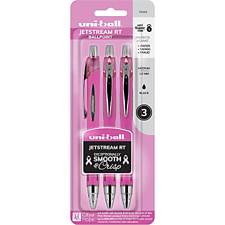 uni® Jetstream RT Pink Ribbon Ballpoint Pen - Medium Pen Point - 1 mm Pen Point Size - Multi - Pink Barrel - 3 / Pack