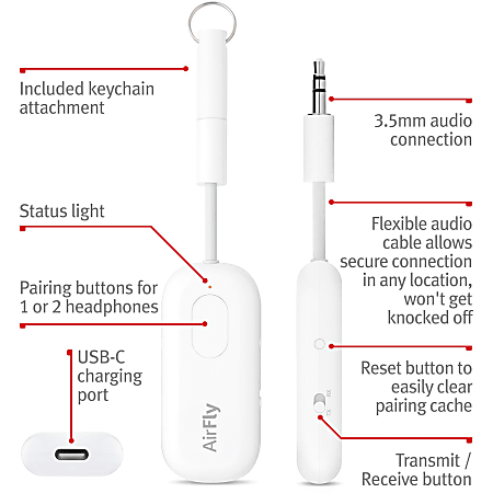 Twelve South AirFly Pro | Wireless transmitter/ receiver with audio sharing  for up to 2 AirPods /wireless headphones to any audio jack for use on