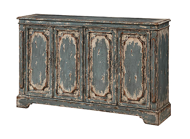 Coast to Coast Drake Distressed Finish 4-Door Sideboard Credenza Cabinet, 40"H x 65"W x 15"D, Cabot Aged Blue & Cream