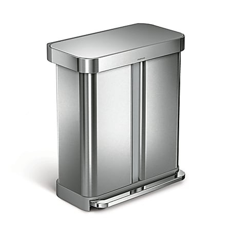 simplehuman Rectangular Stainless Steel Dual-Compartment Recycling Step Can, 15.3 Gallon, Brushed Silver