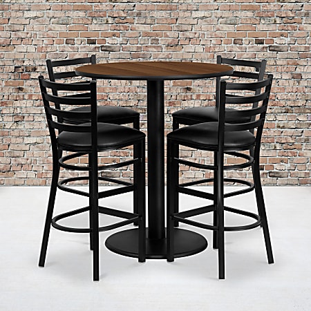 Flash Furniture Round Laminate Table Set With 4 Ladder-Back Metal Barstools, 42"H x 36"W x 36"D, Walnut