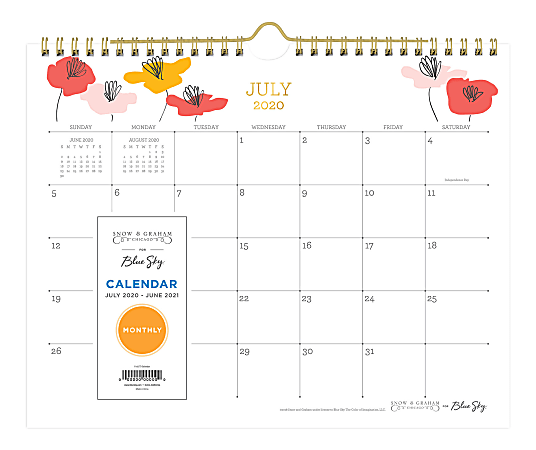 Blue Sky Snow And Graham Monthly Wall Calendar, 11" x 8-3/4", Poppies, July 2020 To June 2021, 1209