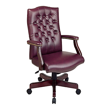Office Star™ Traditional High-Back Vinyl Chair, 51 1/2"H x 28"W x 26 1/2"D, Mahogany Frame, Oxblood Vinyl