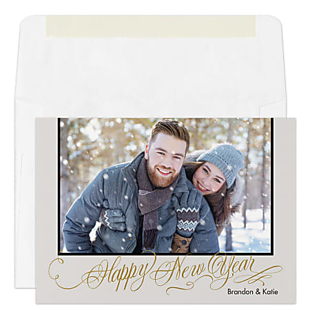 Custom Photo Holiday Cards With Envelopes, 7" x 5", Happy New Year, Box Of 25 Cards