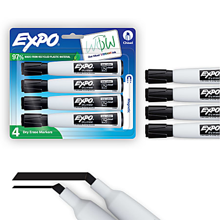 EXPO® Magnetic Dry Erase Markers With Eraser, Chisel Tip, Black Ink, Pack Of 4