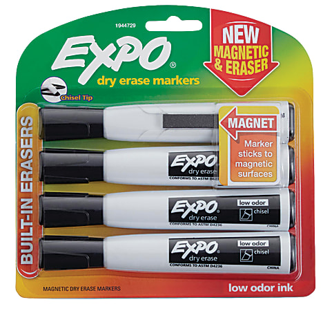 EXPO® Magnetic Dry Erase Markers With Eraser, Chisel Tip, Black Ink, Pack Of 4