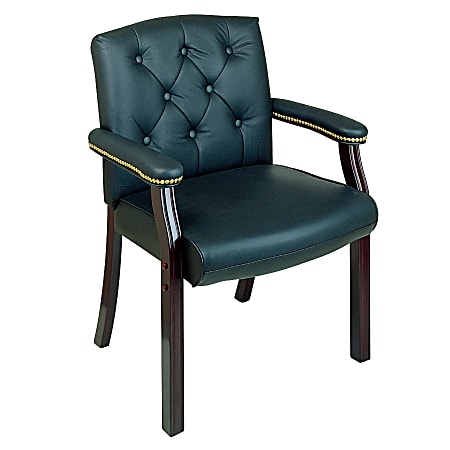 Office Star™ Traditional Series Leather Guest Chair With Padded Arms, 33 3/4"H x 27 1/2"W x 25 1/2"D, Mahogany Frame, Black Leather