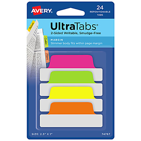 Avery® Margin Ultra Tabs®, 2-Side Writable, 2.5" x 1", Assorted Neon Colors, Pack Of 24 Repositionable Tabs